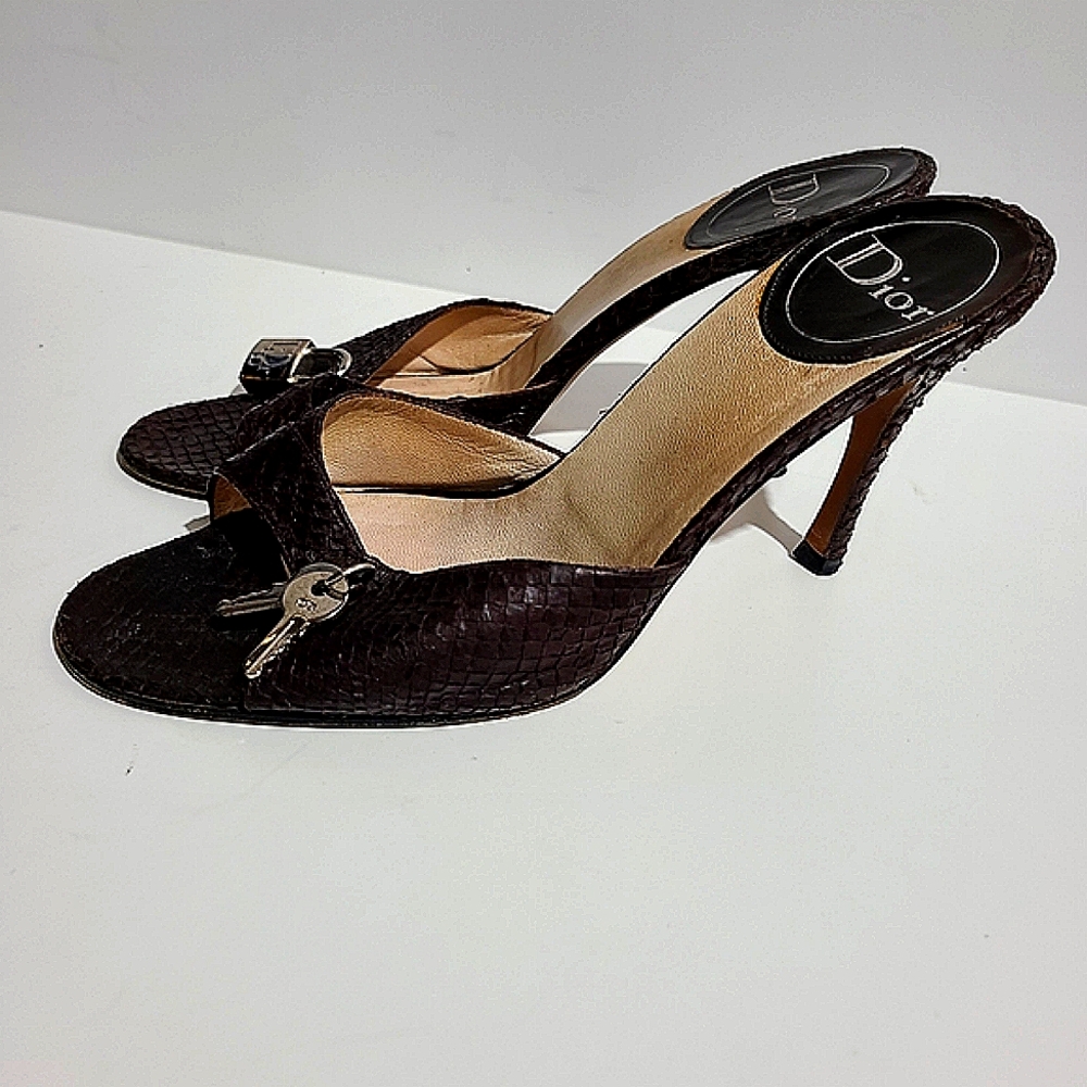 Dior Women's Deep Brown Textured Heels with Lock and Key - Picture 2 of 8
